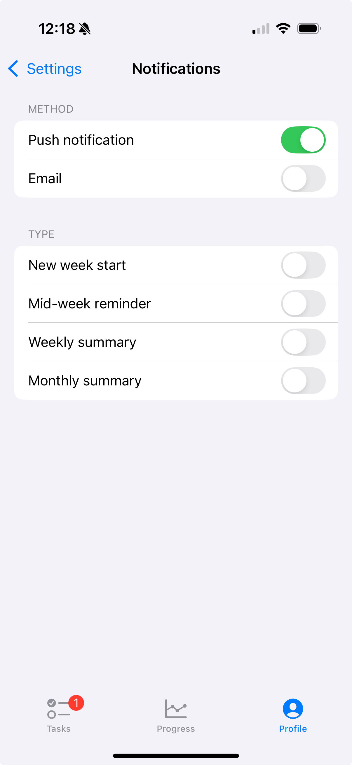 Notification settings page